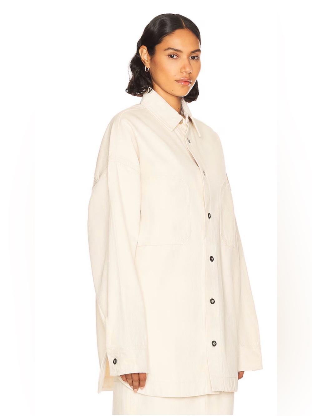 Helsa Ecru Cotton Denim Relaxed Long Sleeve Button Up Overshirt Shacket M/L NWT - Picture 2 of 10